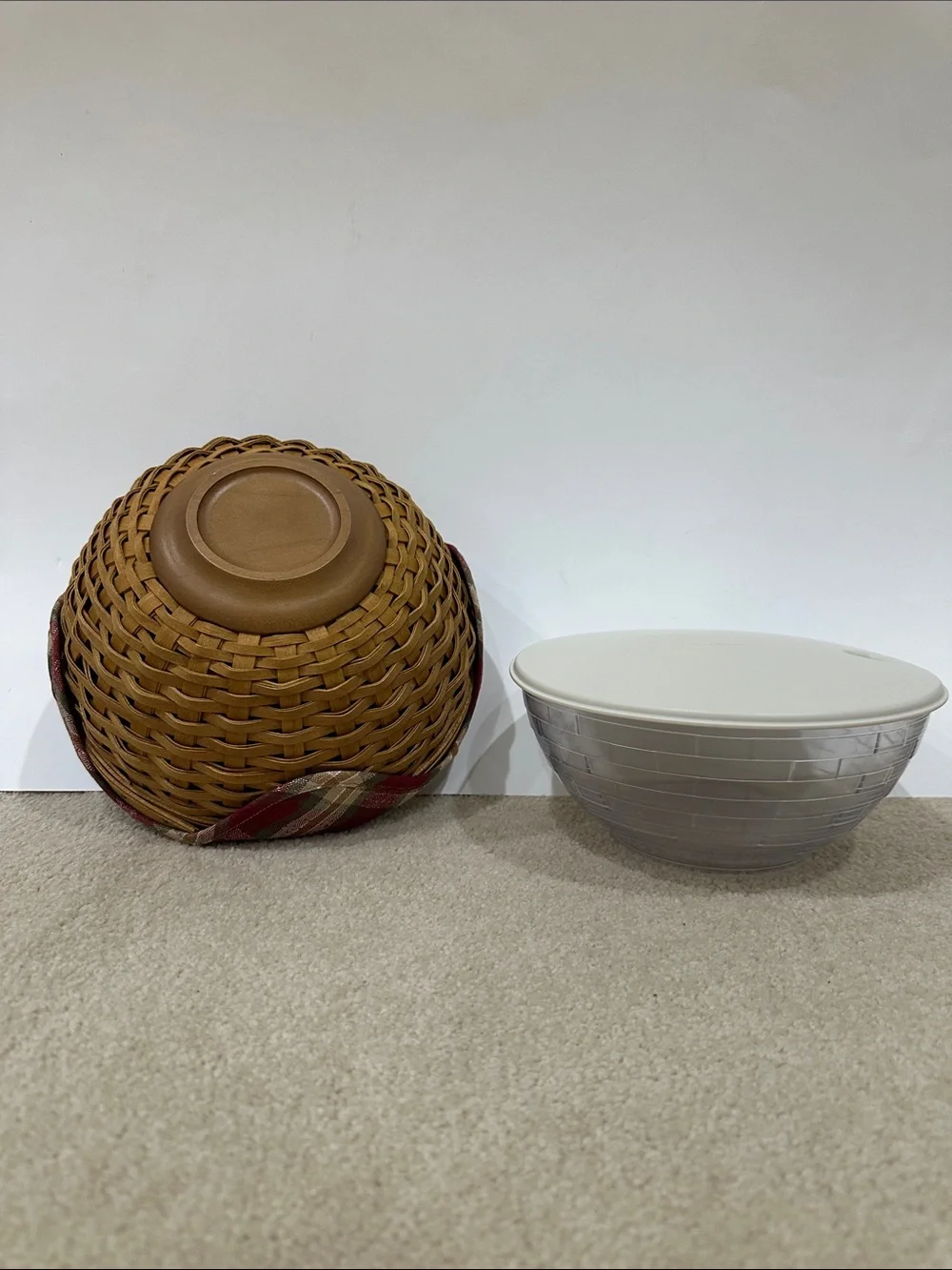 Longaberger woven basket, red plaid liner, bowl and lid